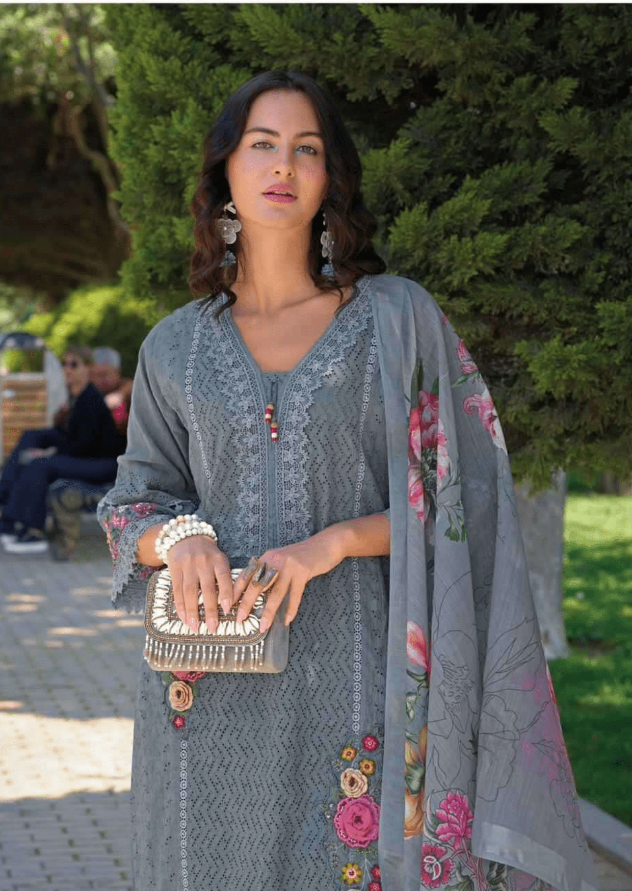 Graceful Grey Floral Embroidered Cotton Suit