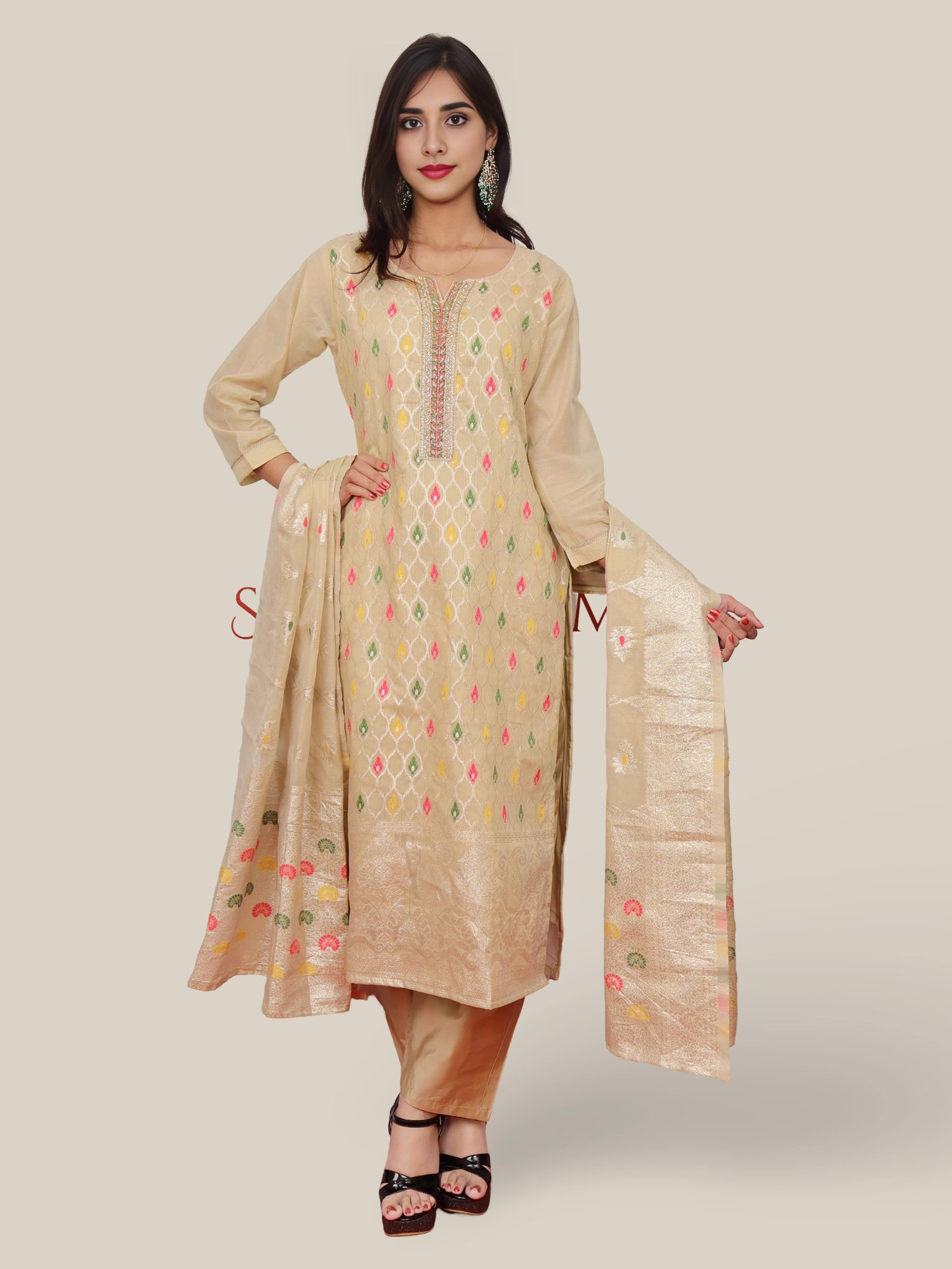 Woman Straight Suit Set with Pant-Dupatta