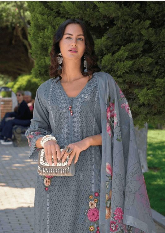 Graceful Grey Floral Embroidered Cotton Suit