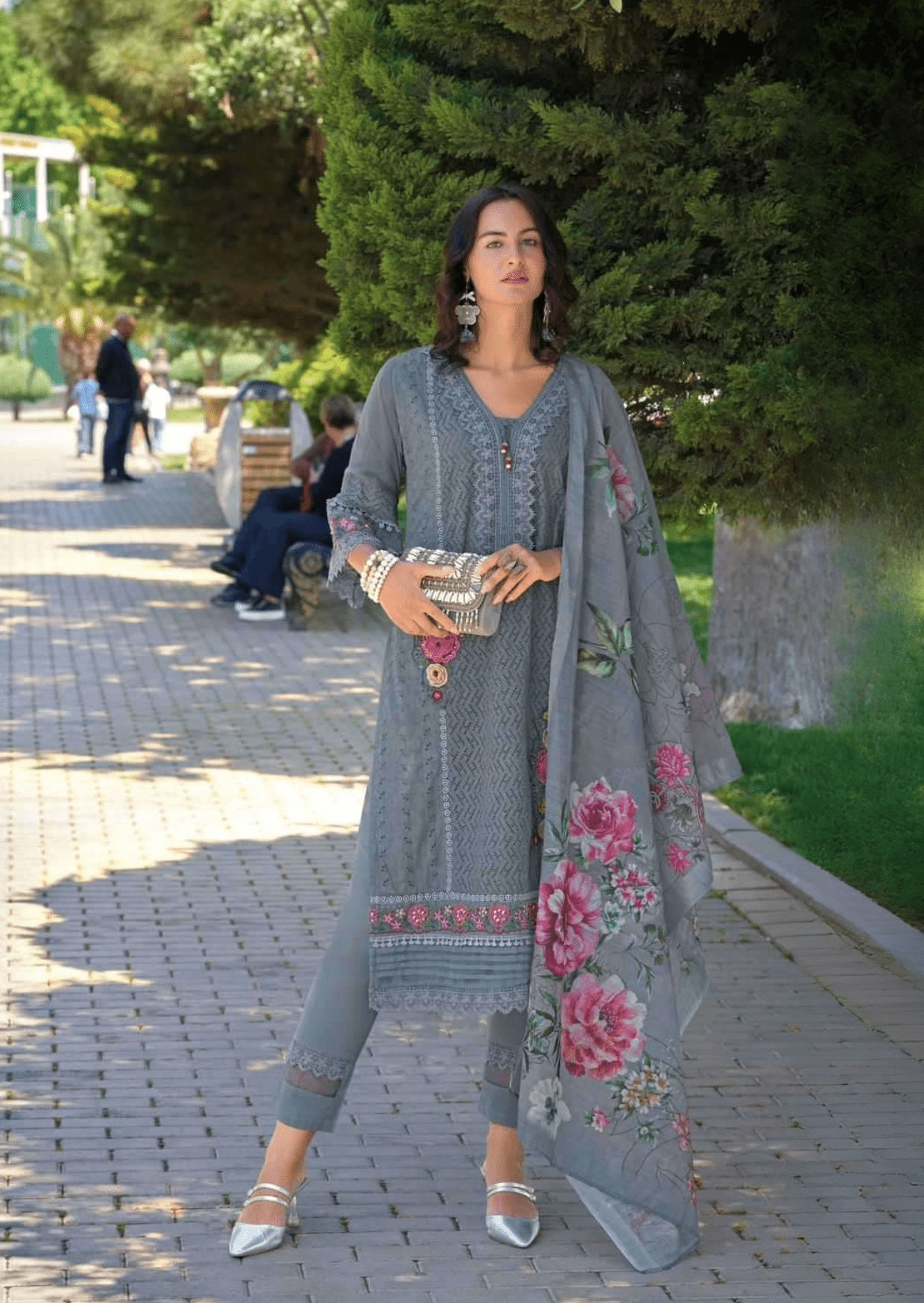 Graceful Grey Floral Embroidered Cotton Suit