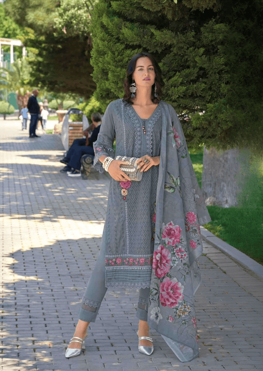 Graceful Grey Floral Embroidered Cotton Suit